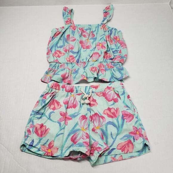 Oshkosh B'gosh Linen Blend Tank Shorts Set Girls 10/10A Pink Green Floral Peplem - Picture 1 of 16